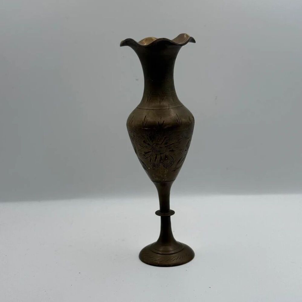 Vintage Hand Engraved Brass Floral Etched Bud Vase India Fluted Rim 8 Inch